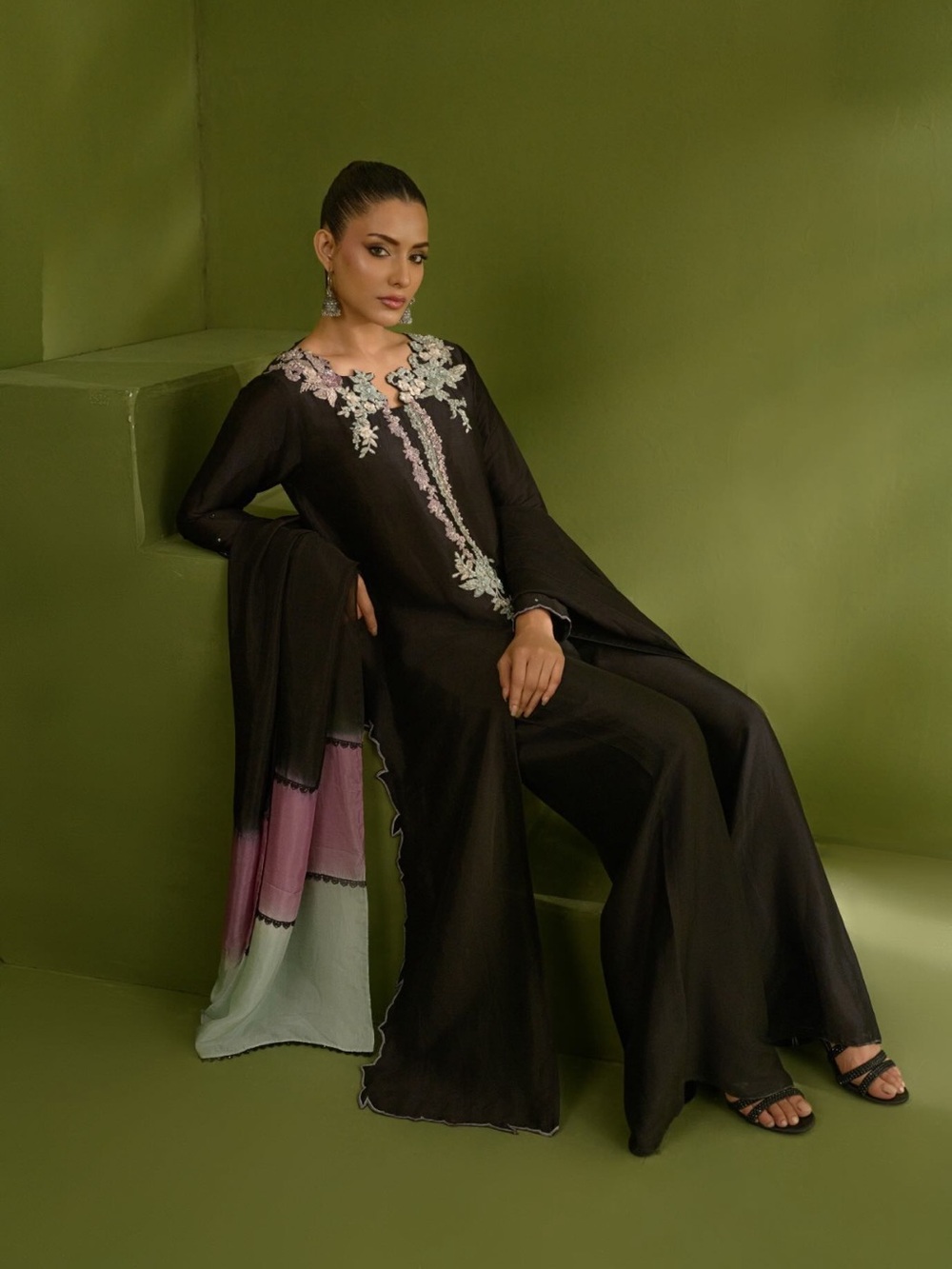 Elegant Black Embroidered Wide-Leg Pant Set - Black